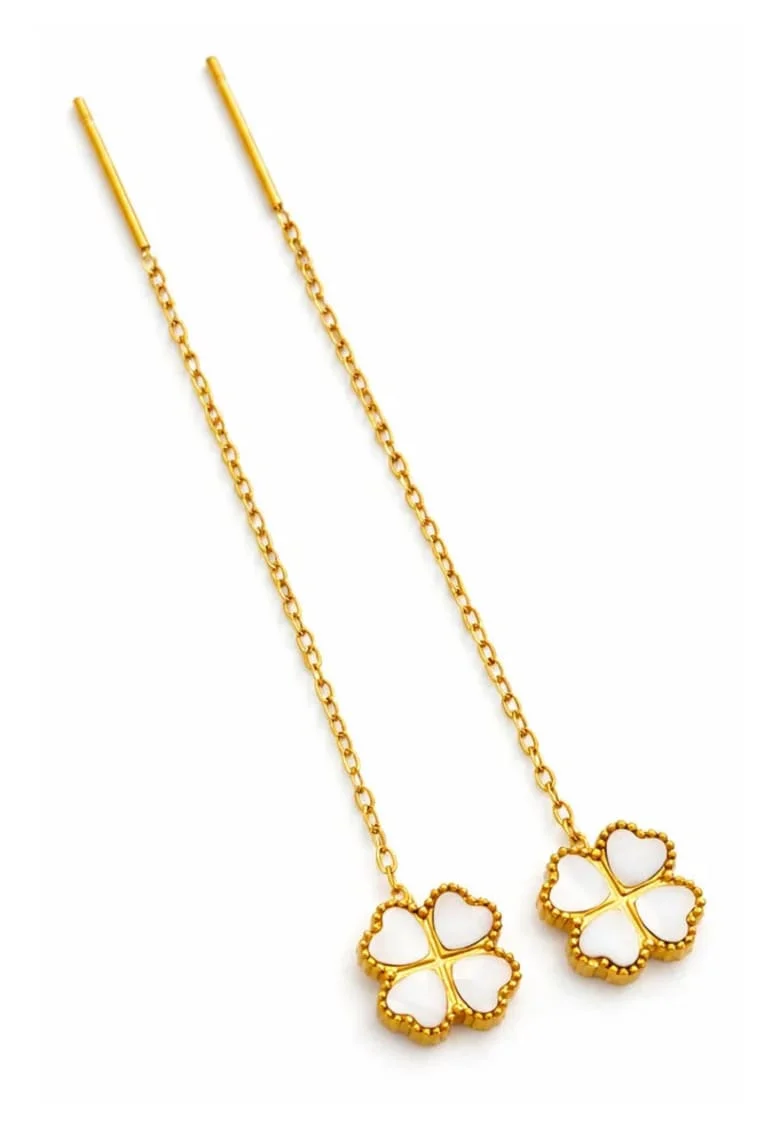 Cercei Maelle, aurii, trifoi, inox suflat cu aur 18k, 6.5cm
