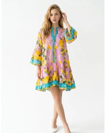 Rochie scurta de vara din bumbac cu imprimeu Amalfi, Galben/Turcoaz/Roz