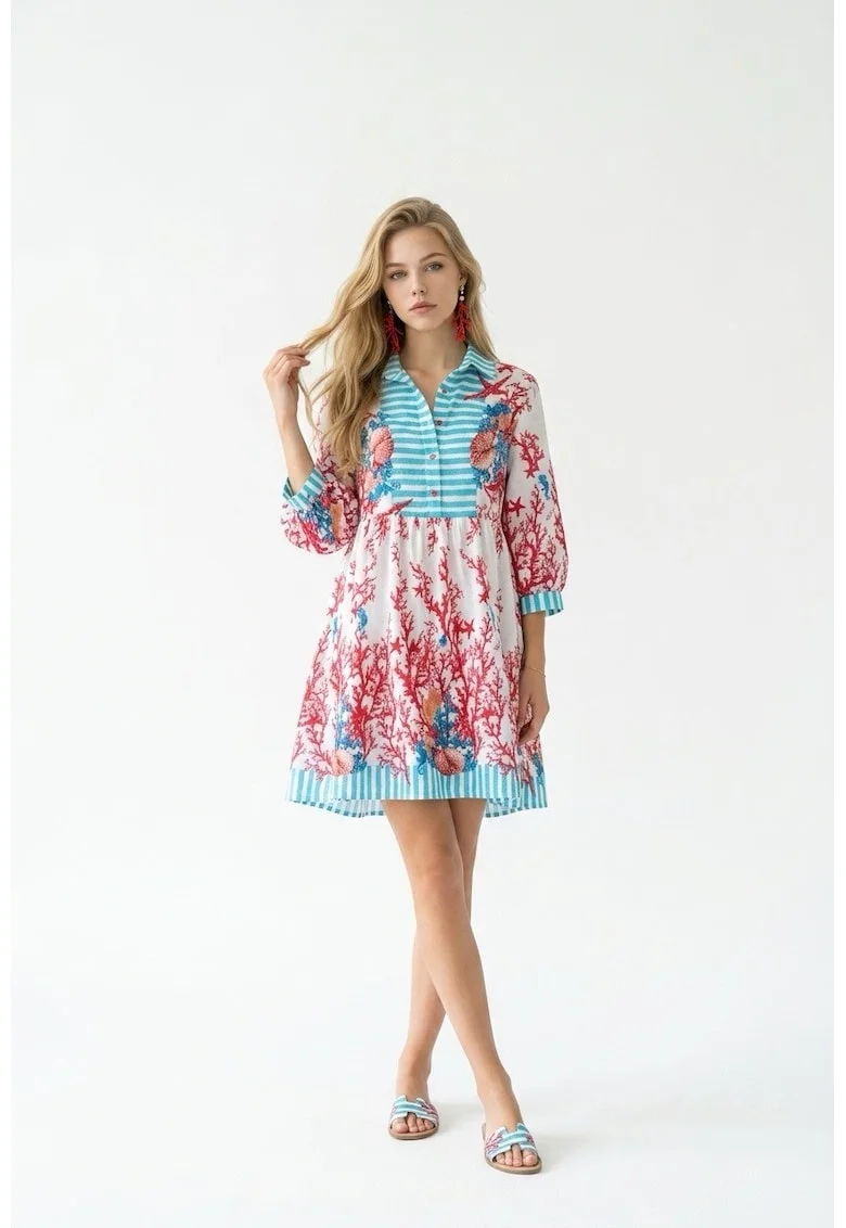 Rochie tip camasa scurta de vara din bumbac cu imprimeu multicolor Amalfi, Rosu/Alb/Albastru