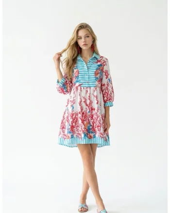 Rochie tip camasa scurta de vara din bumbac cu imprimeu multicolor Amalfi, Rosu/Alb/Albastru