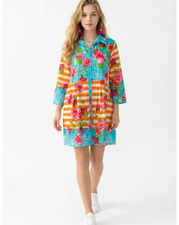 Rochie scurta tip camas de vara din bumbac alb cu imprimeu multicolor Positano Amalfi