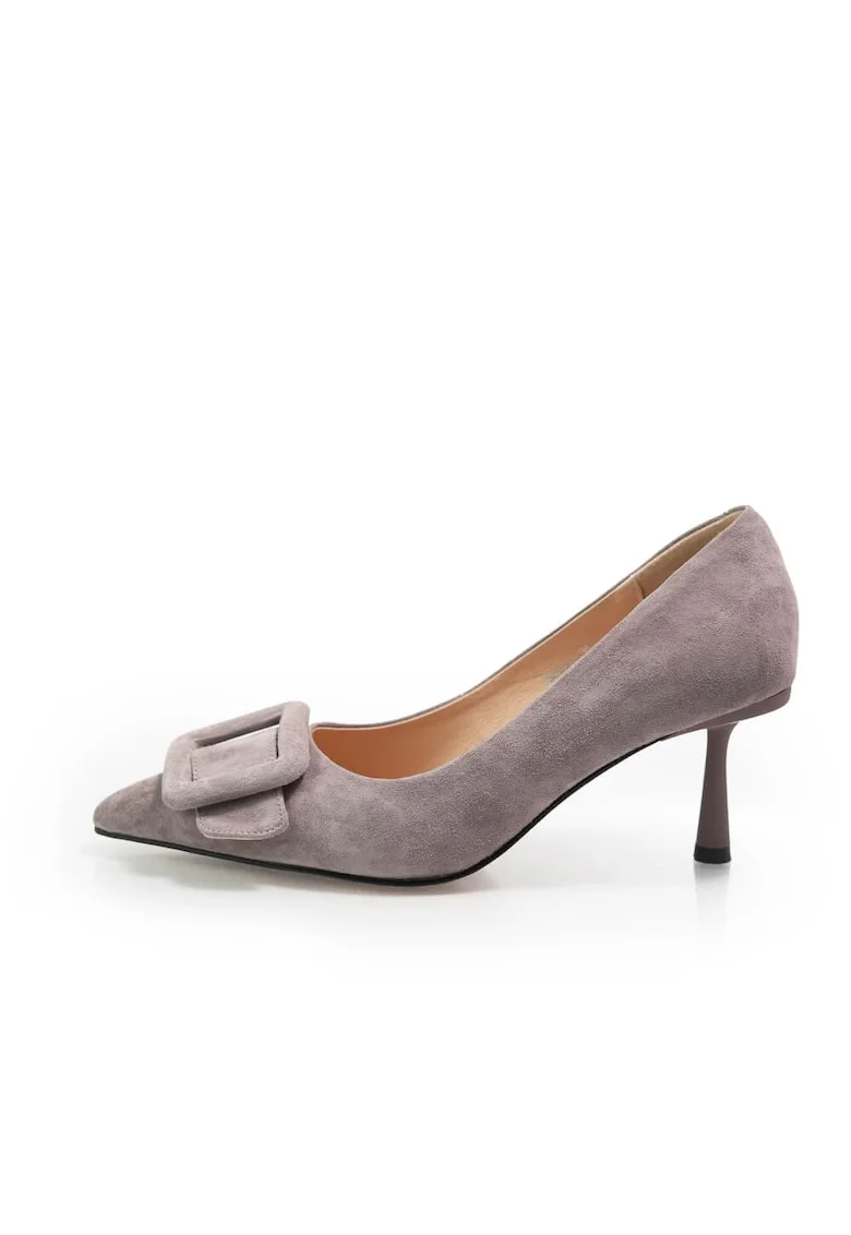 Pantofi din piele intoarsa cu o catarama decorativa, Gri, Gri
