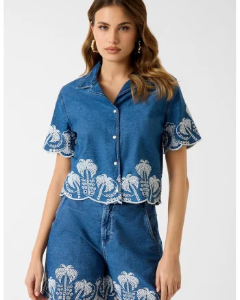 Camasa crop din denim cu broderie, Alb/Albastru