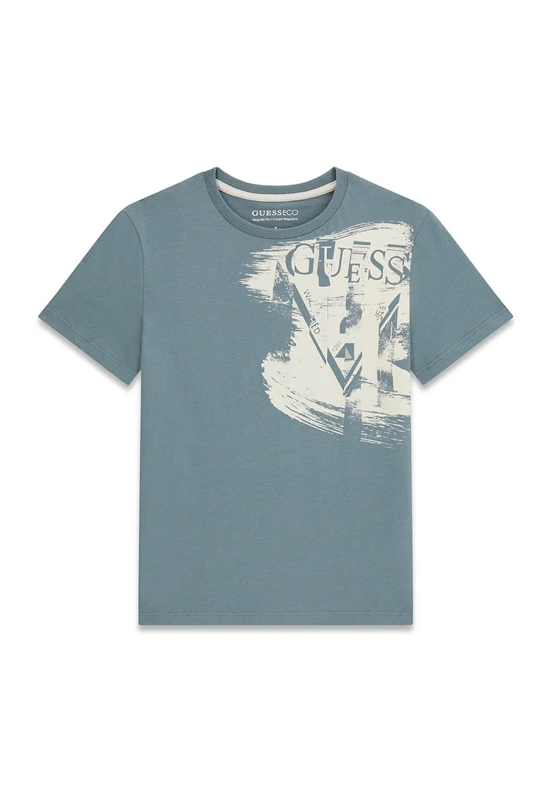Tricou cu decolteu la baza gatului si imprimeu logo, Verde pal/Bej inchis