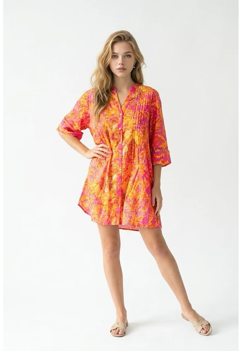 Rochie scurta tip camasa de vara din bumbac cu imprimeu Amalfi roz cu portocaliu