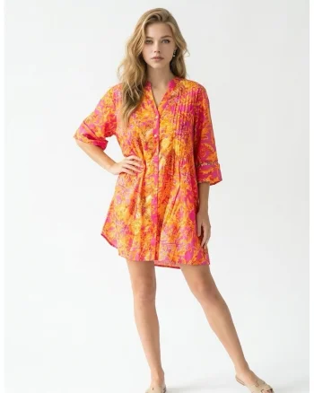 Rochie scurta tip camasa de vara din bumbac cu imprimeu Amalfi roz cu portocaliu