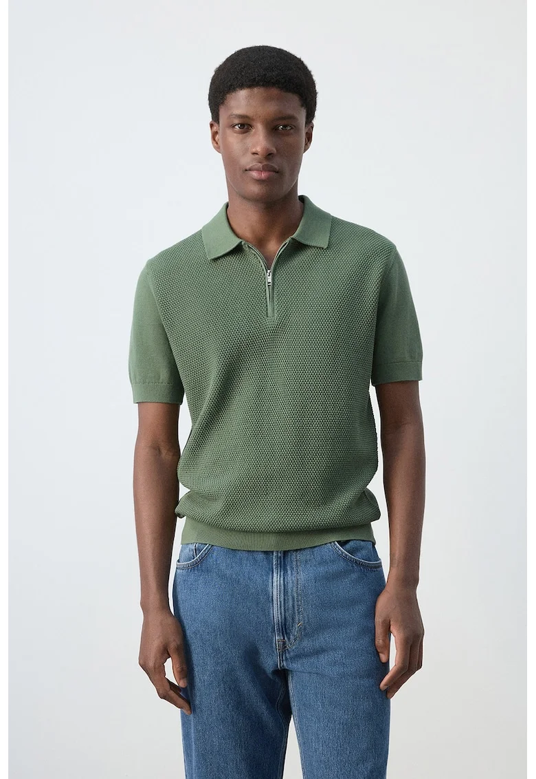 Tricou polo cu fenta cu fermoar, Verde feriga
