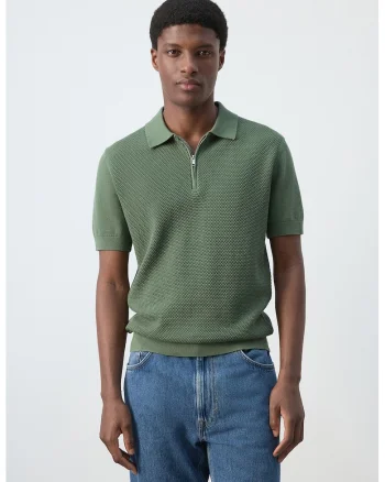 Tricou polo cu fenta cu fermoar, Verde feriga