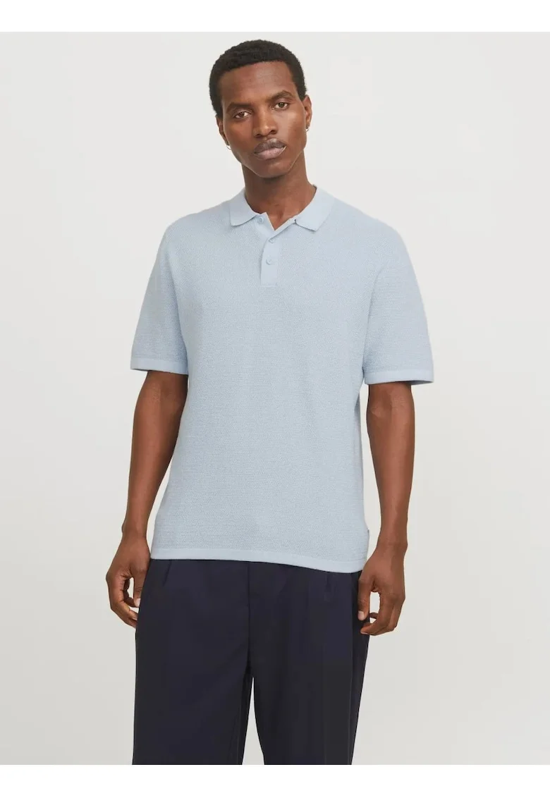 Tricou polo barbati, cu aspect tricotat, Regular Fit, Albastru deschis,
