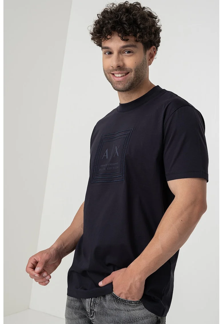 Tricou regular fit cu logo, Negru/Albastru inchis