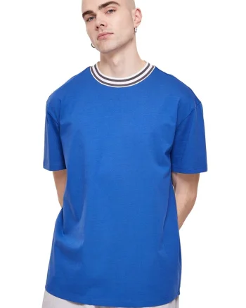 Tricou din bumbac cu decolteu la baza gatului, Alb/Negru/Albastru royal