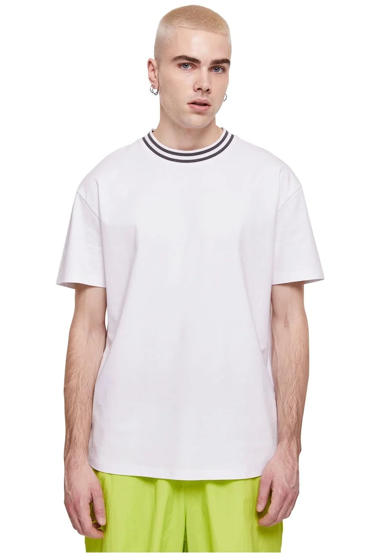 Tricou din bumbac cu decolteu la baza gatului, Alb/Negru stins