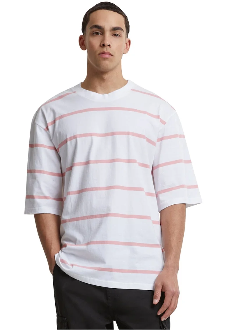 Tricou supradimensionat cu model in dungi, Alb/Roz pastel