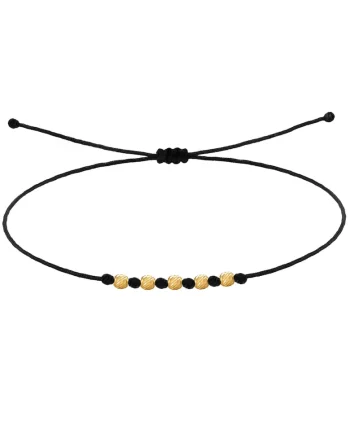 Bratara pentru Picior cu bilute din AUR 14K, snur negru reglabil, Bratara pentru Picior cu 5 bilute din AUR 14K