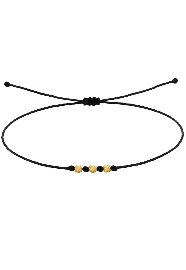Bratara pentru Picior cu bilute din AUR 14K, snur negru reglabil, Bratara pentru Picior cu 3 bilute din AUR 14K