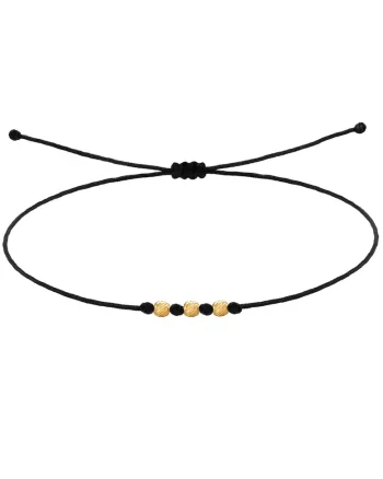 Bratara pentru Picior cu bilute din AUR 14K, snur negru reglabil, Bratara pentru Picior cu 3 bilute din AUR 14K