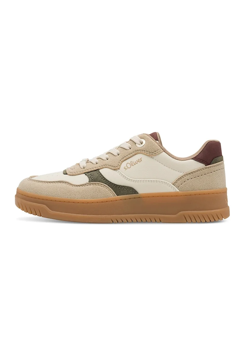 Pantofi sport low-cut de piele ecologica, Alb fildes/Maro nisip
