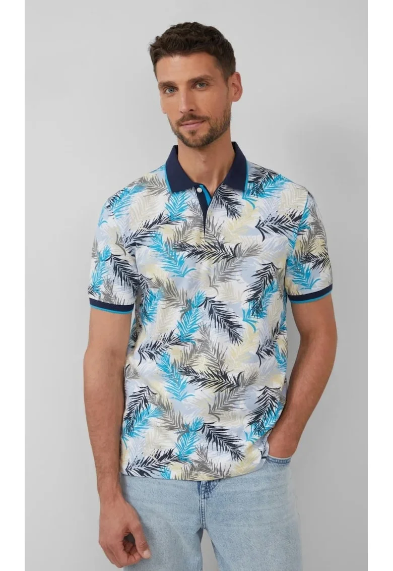 Tricou polo barbati cu imprimeu cu frunze de palmier,Regular Fit, Albastru