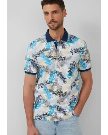 Tricou polo barbati cu imprimeu cu frunze de palmier,Regular Fit, Albastru