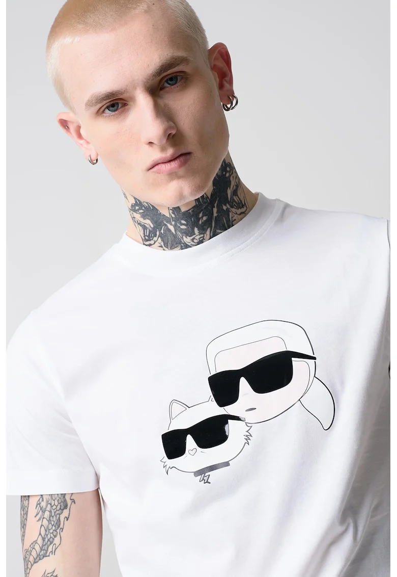 Tricou cu decolteu la baza gatului si imprimeu logo, Negru/Alb optic
