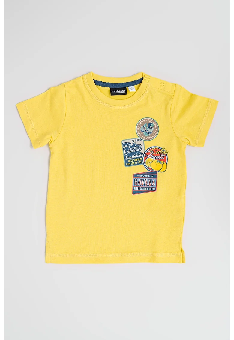 Tricou cu decolteu la baza gatului si imprimeu, Galben