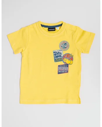 Tricou cu decolteu la baza gatului si imprimeu, Galben