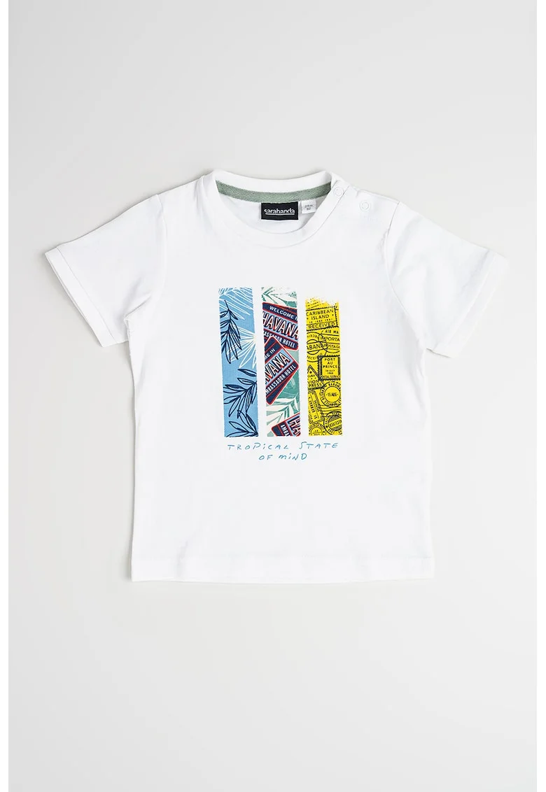 Tricou cu decolteu la baza gatului si imprimeu grafic, Alb/Galben