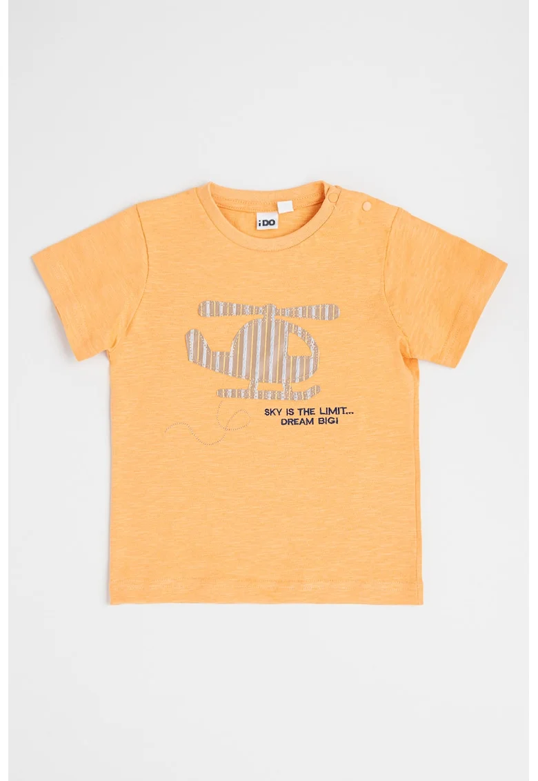 Tricou cu decolteu la baza gatului si imprimeu grafic, Maro deschis