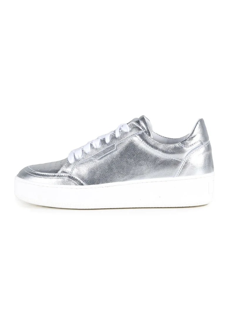 Pantofi sport din piele cu aspect metalizat, Alb murdar/Argintiu
