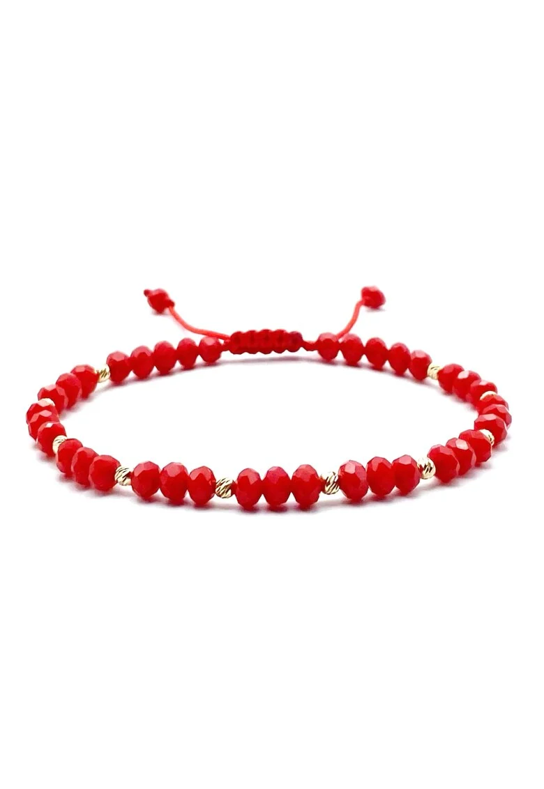 Bratara cu bile AUR 14K si Cristale rosii, reglabila, unisex