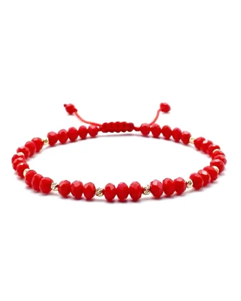 Bratara cu bile AUR 14K si Cristale rosii, reglabila, unisex