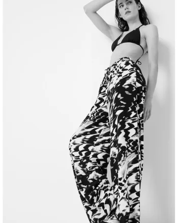 Pantaloni de plaja cu model abstract, Alb/Negru