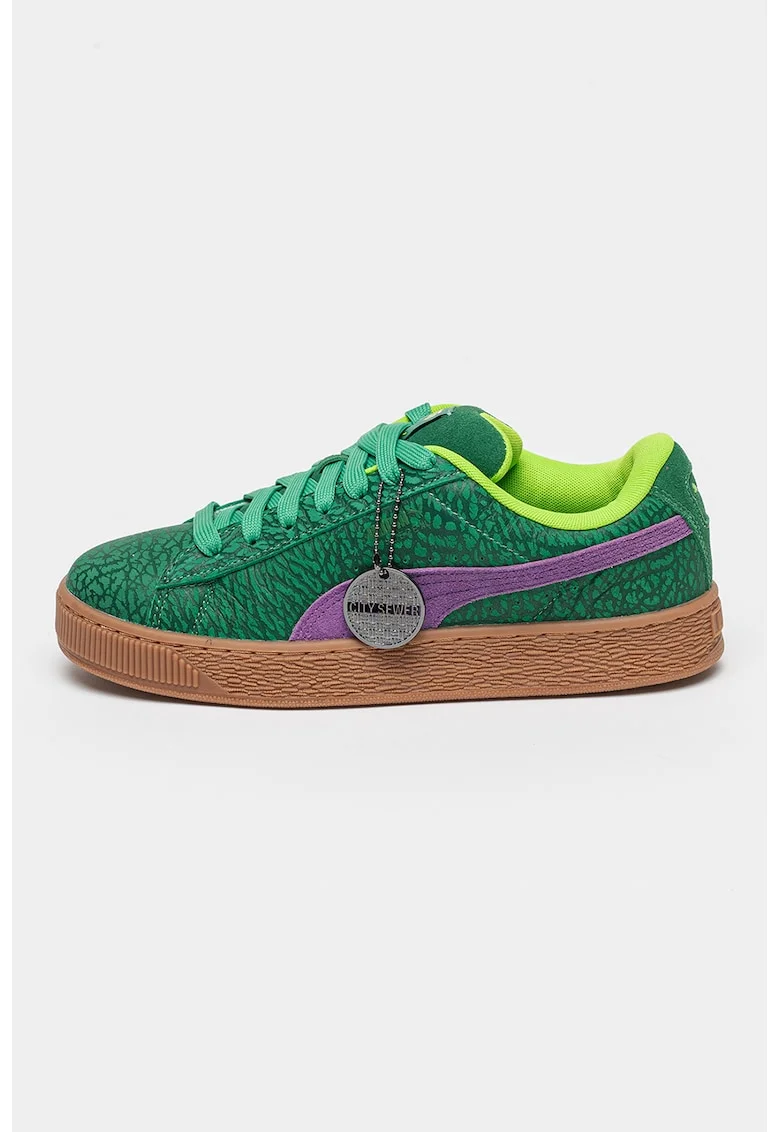 Pantofi sport unisex din piele intoarsa cu varf rotund, Verde/Portocaliu stins