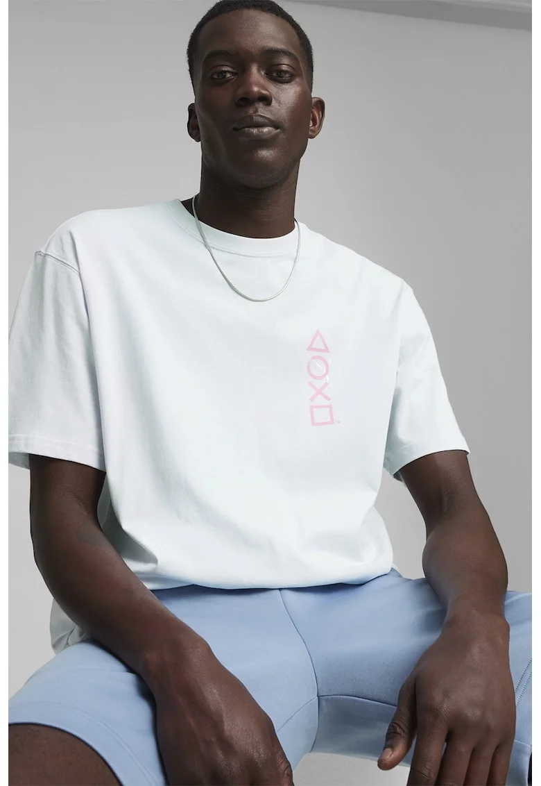 Tricou lejer cu imprimeu Elevated Playstation, Alb/Roz/Albastru