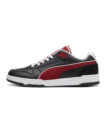 Pantofi sport de piele ecologica si garnituri de piele intoarsa, Negru/Rosu inchis