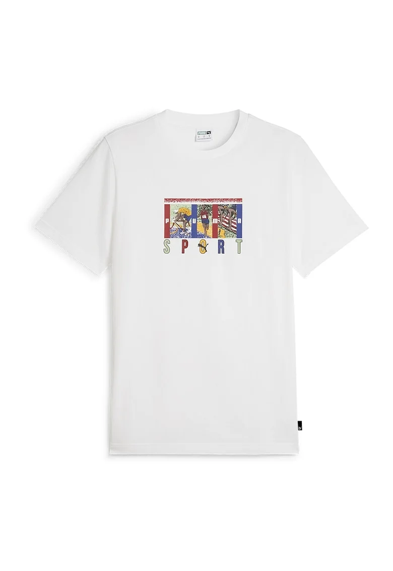 Tricou cu decolteu la baza gatului si imprimeu grafic, Rosu/Alb/Albastru