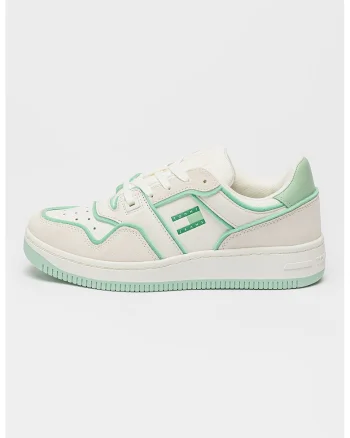 Pantofi sport de piele si piele intoarsa, Alb murdar/Verde menta