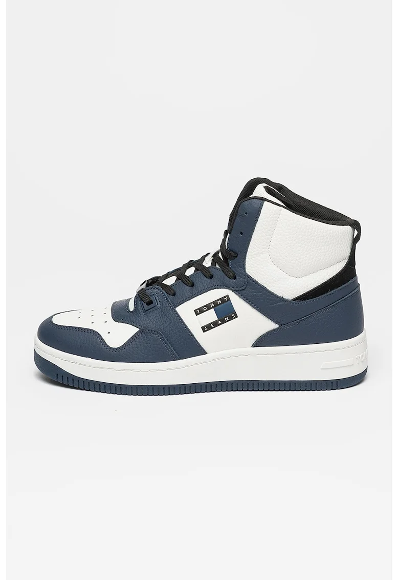 Pantofi sport mid-high de piele cu detalii contrastante, Alb/Bleumarin