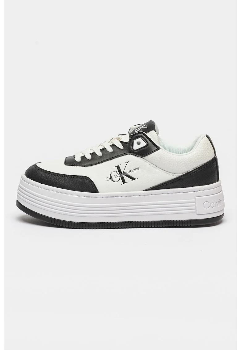 Pantofi sport flatform cu detalii de piele, Alb/Negru