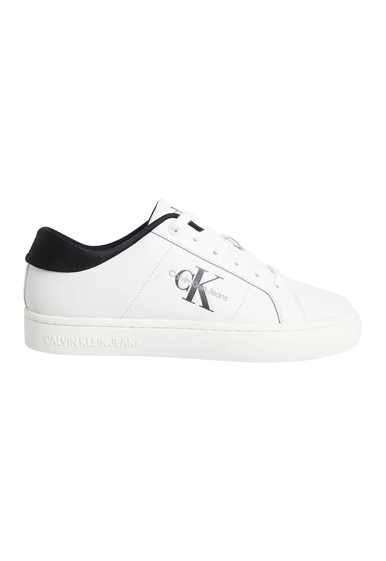 Pantofi sport din piele si piele ecologica cu logo in lateral, Alb/Negru