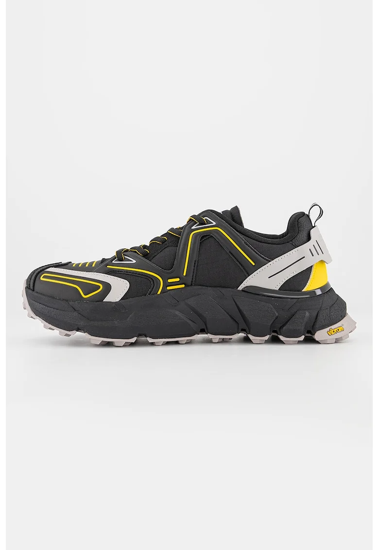 Pantofi sport de piele ecologica si material textil, Negru/Galben