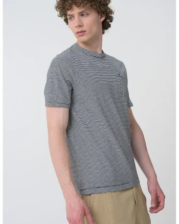 Tricou din amestec de in cu dungi, Alb murdar/Bleumarin