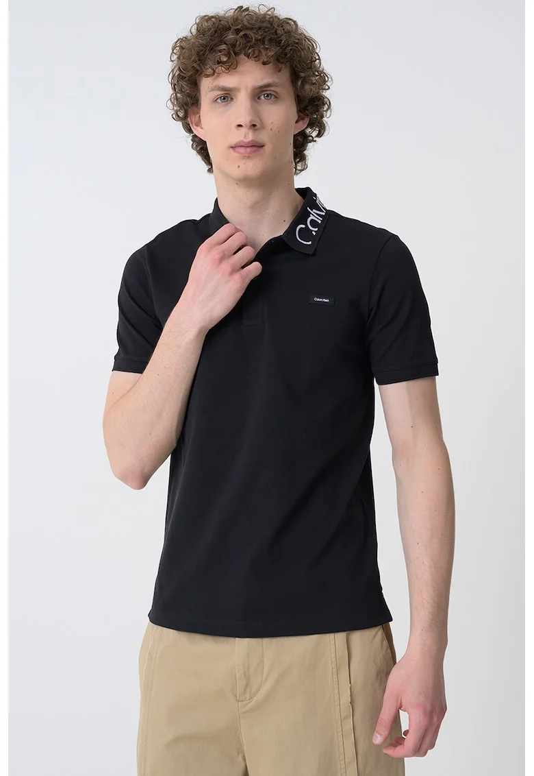 Tricou polo din amestec de bumbac organic cu logo, Negru