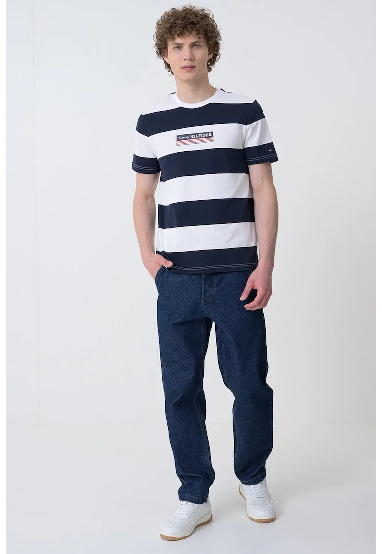 Tricou cu decolteu la baza gatului si model in dungi, Alb optic/Bleumarin