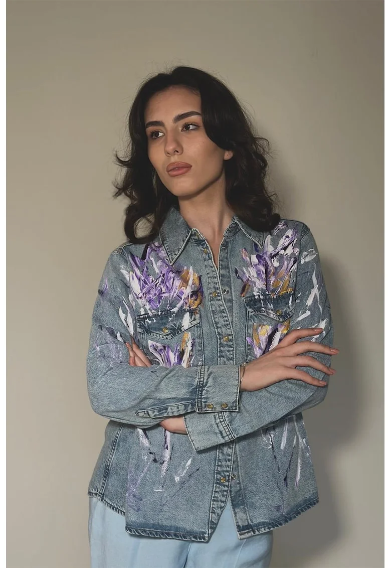 Camasa din denim vopsita manual, Violet/Albastru prafuit