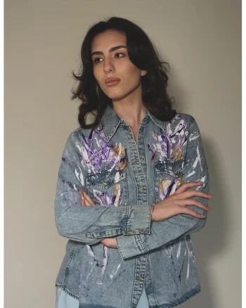 Camasa din denim vopsita manual, Violet/Albastru prafuit