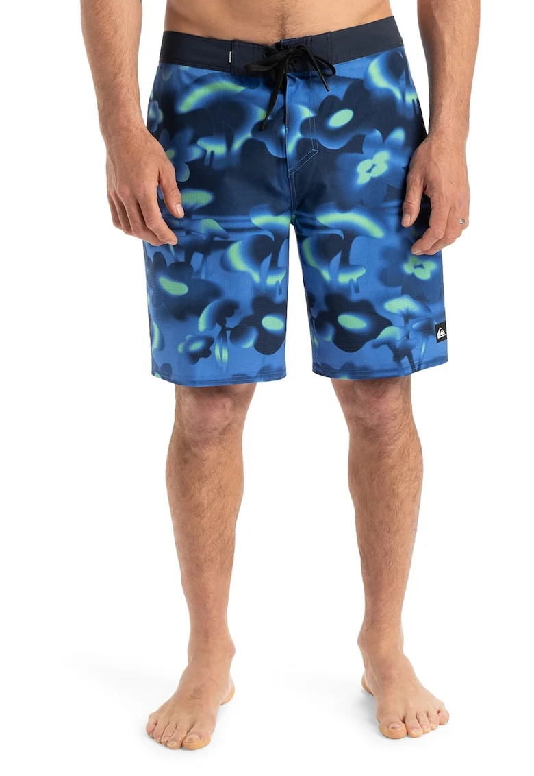 Pantaloni scurti de baie cu snur si model floral, Albastru/Verde fistic