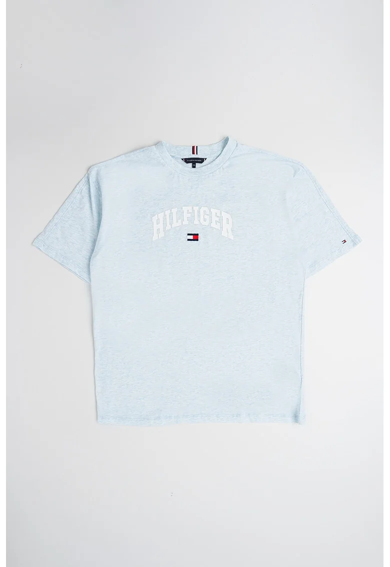 Tricou de bumbac cu imprimeu logo, Albastru deschis melange/Alb optic