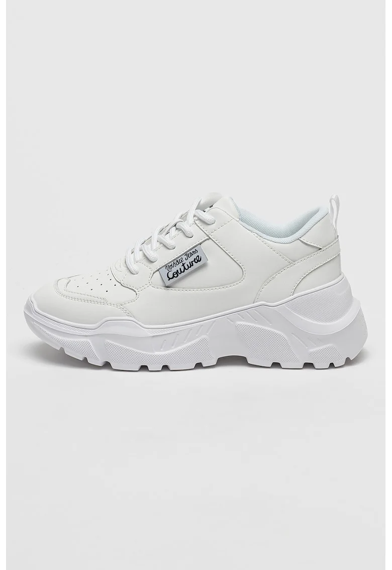 Pantofi sport din piele cu talpa wedge si garnituri din piele ecologica, Alb optic