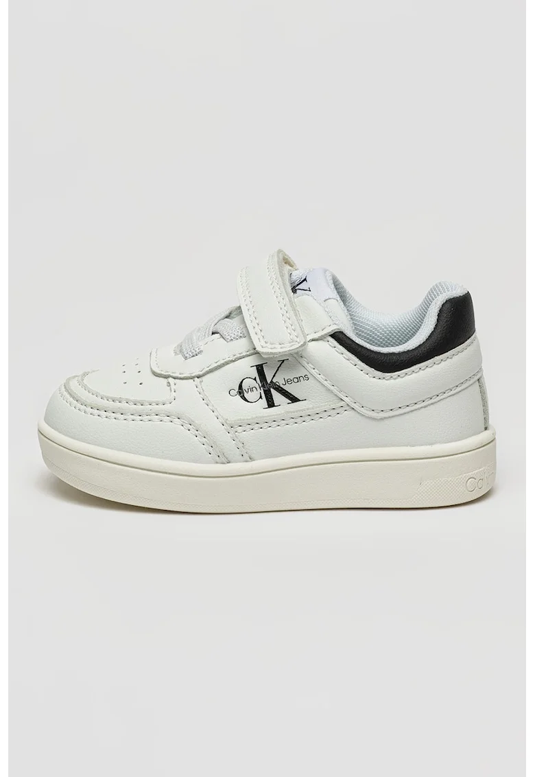 Pantofi sport unisex din piele ecologica cu logo si velcro, Alb/Negru